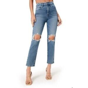 Good American Jeans Womens Sz 4/27 Distressed High Waist Straight Leg GVL67T